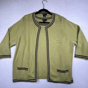 Evie Woman's size 3X, 2 piece Cardigan Sweater and Top Lime Green Black trimming